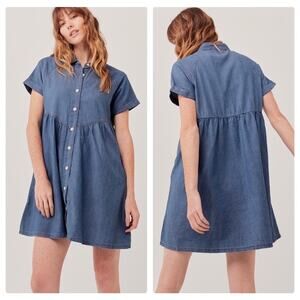 PACT Chambry Button Down Mini Dress Large 100% Organic Cotton Blue